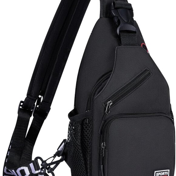 Lightweight and Durable Black Sling Backpack with Hidden Earphone Hole, Large - Picture 1 of 9